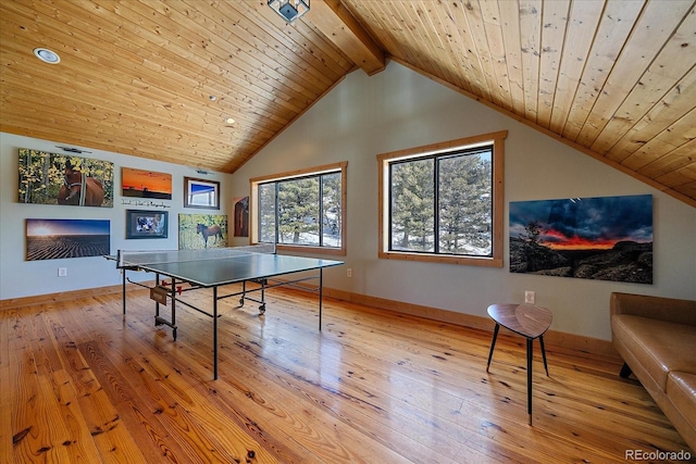 rec room with light hardwood / wood-style floors, wooden ceiling, and lofted ceiling with beams