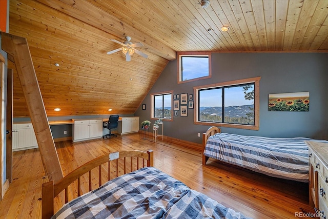 bedroom featuring built in desk, lofted ceiling with beams, ceiling fan, wooden ceiling, and light hardwood / wood-style flooring