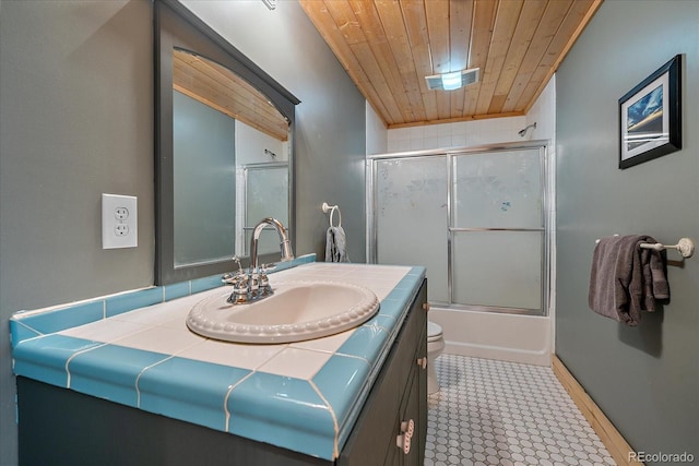 full bathroom with bath / shower combo with glass door, toilet, vanity, and wood ceiling