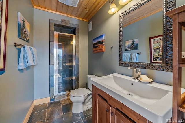 bathroom featuring a shower with door, toilet, vanity, and wood ceiling