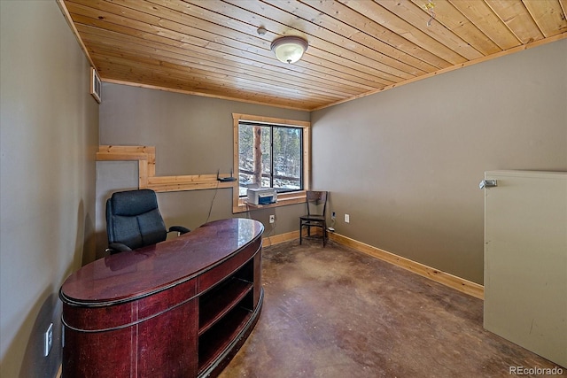 office featuring wooden ceiling