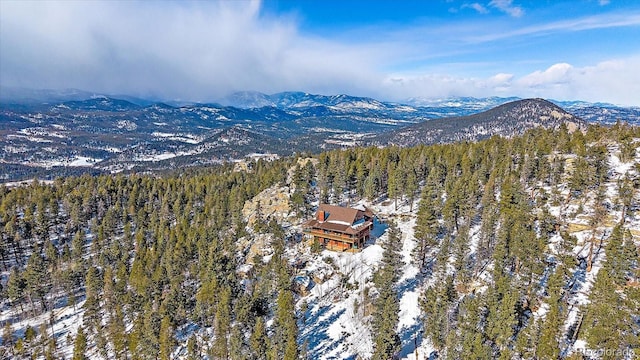 snowy aerial view with a mountain view