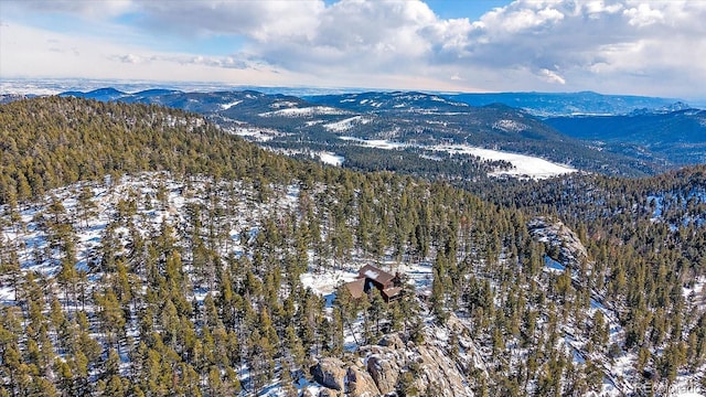 snowy aerial view with a mountain view