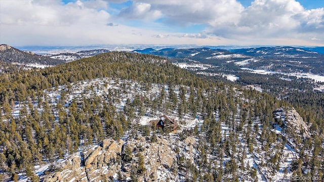 snowy aerial view with a mountain view