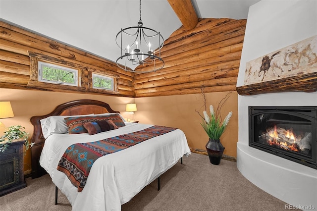 245 N County Highway 67, Sedalia, CO 80135 - bedroom with log walls, a glass covered fireplace, carpet flooring, and a chandelier