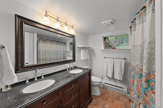245 N County Highway 67, Sedalia, CO 80135 - bathroom with a baseboard heating unit, double vanity, a textured ceiling, and curtained shower