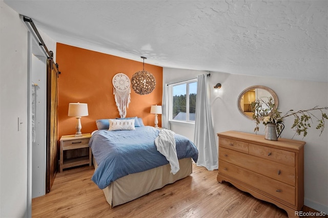 245 N County Highway 67, Sedalia, CO 80135 - bedroom with lofted ceiling, light wood-type flooring, a barn door, and a textured ceiling
