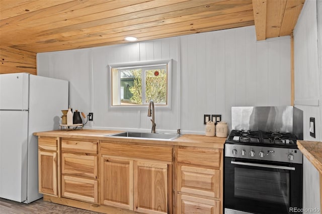 15535 S Elk Creek Rd, Pine, CO 80470 - kitchen with a sink, gas stove, wood ceiling, freestanding refrigerator, and wooden counters