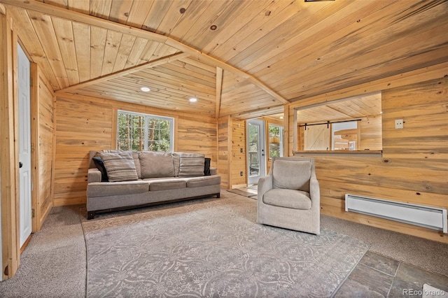 15535 S Elk Creek Rd, Pine, CO 80470 - living room with a baseboard heating unit, wood walls, and wood ceiling