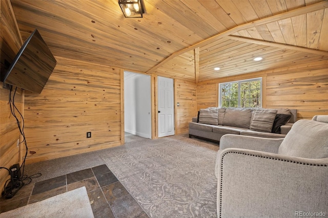 15535 S Elk Creek Rd, Pine, CO 80470 - living area with wooden ceiling, wood walls, and lofted ceiling