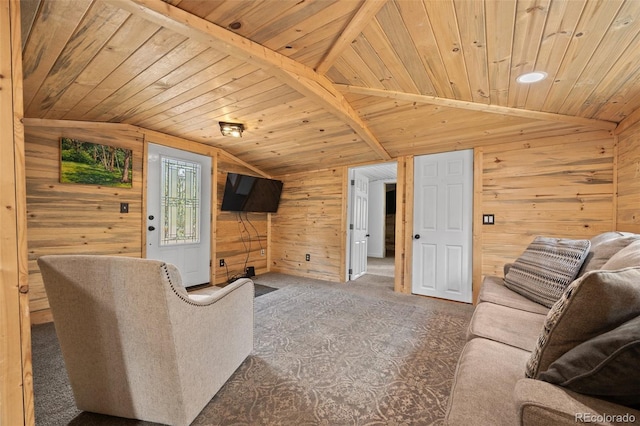 15535 S Elk Creek Rd, Pine, CO 80470 - carpeted living room featuring vaulted ceiling, wooden walls, and wooden ceiling