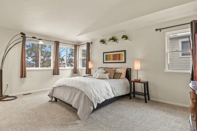 bedroom with lofted ceiling and carpet floors