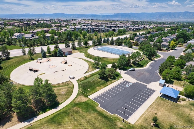 aerial view featuring a residential view and a mountain view