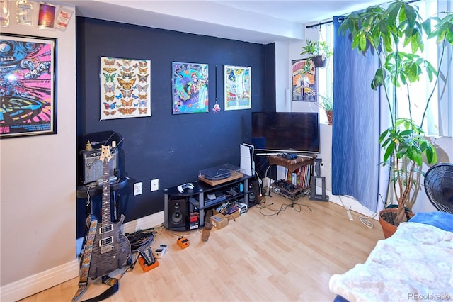 bedroom featuring multiple windows, baseboards, and wood finished floors