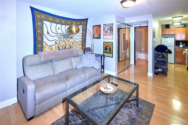 living room with baseboards and light wood-style flooring