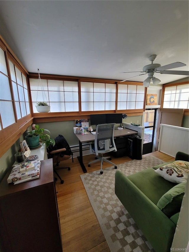 office area featuring ceiling fan and wood finished floors