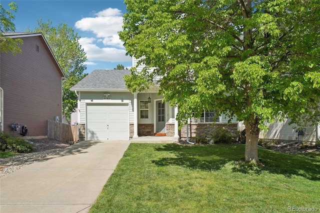 6142 Gorham St, Frederick, CO 80530 - view of property hidden behind natural elements with an attached garage, driveway, stone siding, and roof with shingles