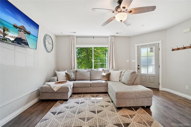 6142 Gorham St, Frederick, CO 80530 - living room with wood finished floors, ceiling fan, and baseboards