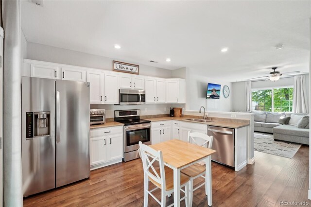 6142 Gorham St, Frederick, CO 80530 - kitchen featuring stainless steel appliances, a peninsula, a sink, white cabinets, and recessed lighting