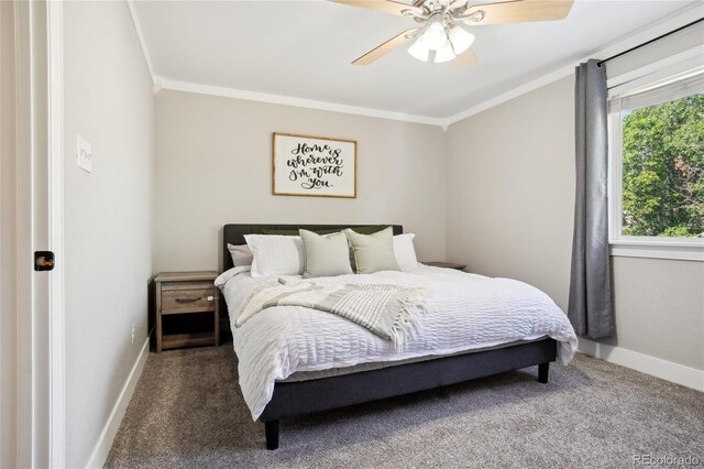 6142 Gorham St, Frederick, CO 80530 - carpeted bedroom featuring crown molding, baseboards, and a ceiling fan