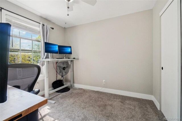 6142 Gorham St, Frederick, CO 80530 - carpeted home office with baseboards and a ceiling fan
