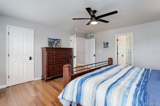 9954 Heywood St, Highlands Ranch, CO 80130 - bedroom with light wood finished floors, baseboards, a ceiling fan, and connected bathroom