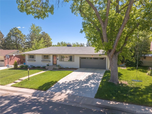 13402 W 24th Pl, Golden, CO 80401 - ranch-style house with an attached garage, driveway, a front yard, stucco siding, and a shingled roof