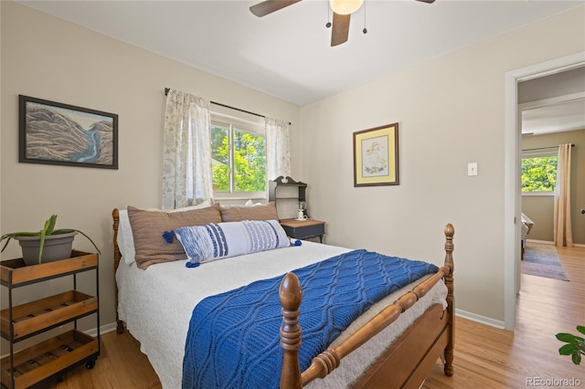 13402 W 24th Pl, Golden, CO 80401 - bedroom featuring multiple windows, light wood finished floors, baseboards, and ceiling fan