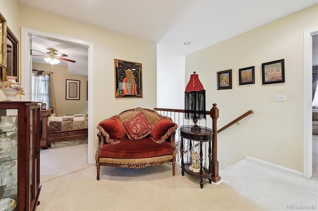 17298 E Lake Pl, Aurora, CO 80016 - living area featuring carpet floors, a ceiling fan, an upstairs landing, and recessed lighting
