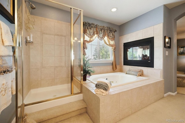 17298 E Lake Pl, Aurora, CO 80016 - bathroom featuring a stall shower, a bath, and recessed lighting