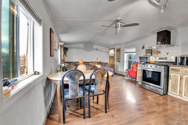 8430 Madison Way, Denver, CO 80229 - dining room with lofted ceiling, ceiling fan, and light wood finished floors