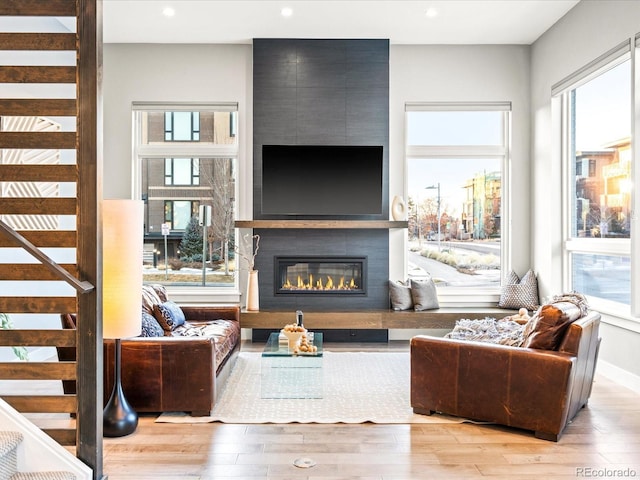 living room featuring plenty of natural light, a fireplace, and light hardwood / wood-style floors