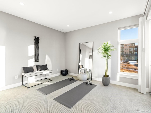 workout room featuring light colored carpet