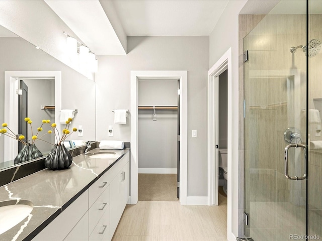 bathroom with vanity, toilet, and a shower with shower door