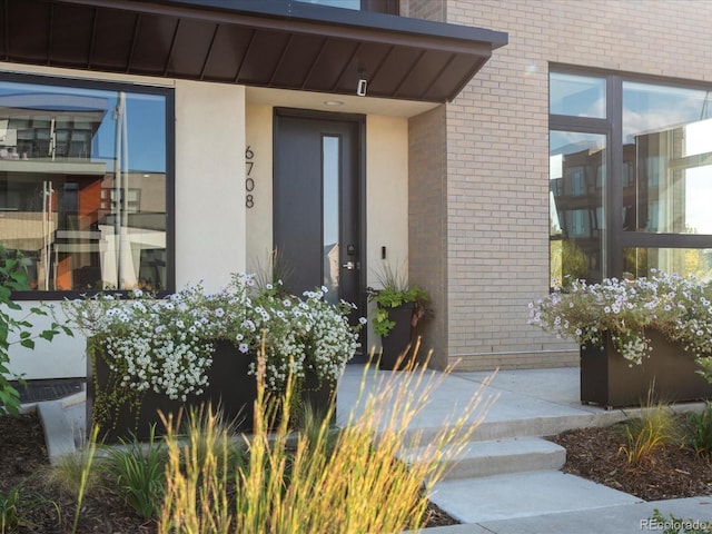 view of exterior entry with brick siding and stucco siding