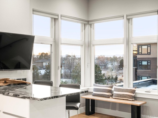 kitchen featuring white cabinetry and dark stone countertops