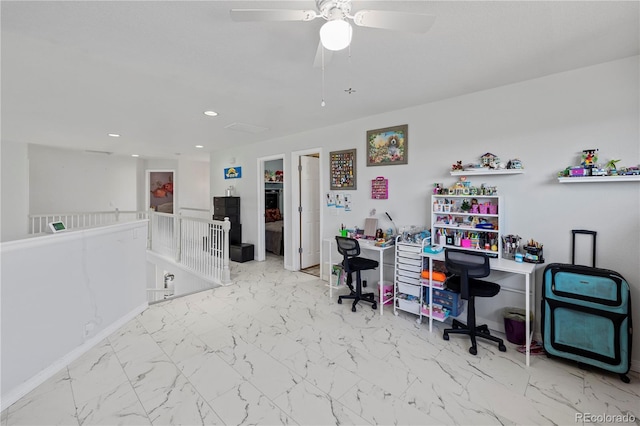 12404 Pine Valley Cir, Peyton, CO 80831 - office space with recessed lighting, marble look tile flooring, and a ceiling fan