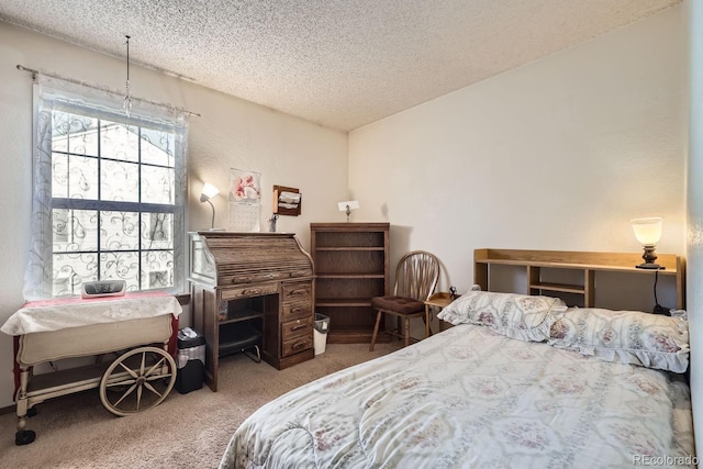 bedroom featuring carpet and a textured ceiling