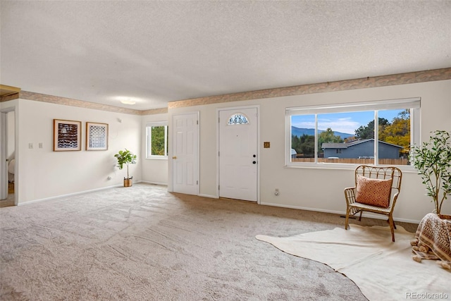 carpeted entryway with a textured ceiling