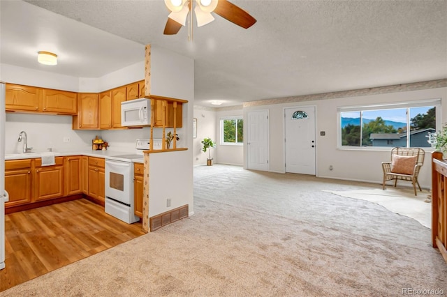 kitchen featuring ceiling fan, light colored carpet, a textured ceiling, and white appliances