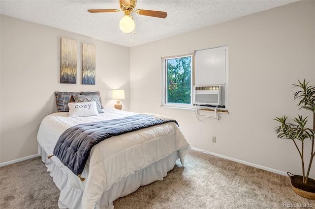 carpeted bedroom featuring cooling unit, ceiling fan, and a textured ceiling