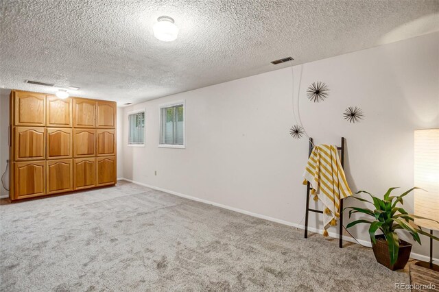 basement featuring light carpet and a textured ceiling