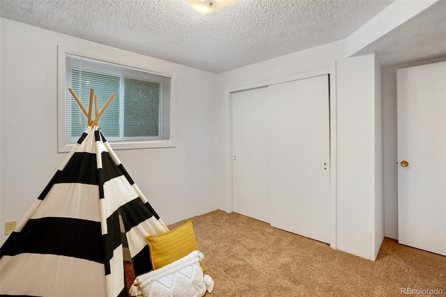 interior space featuring light carpet and a textured ceiling