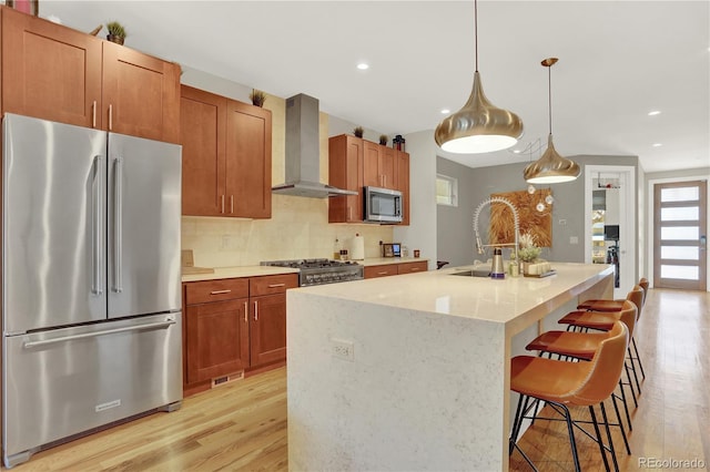 kitchen with light wood finished floors, wall chimney range hood, decorative backsplash, stainless steel appliances, and a kitchen island with sink