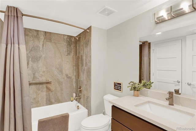 full bathroom with vanity, toilet, shower / bathtub combination with curtain, and visible vents