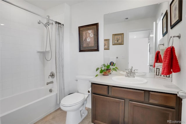 full bathroom with toilet, vanity, shower / bath combo, and tile patterned flooring