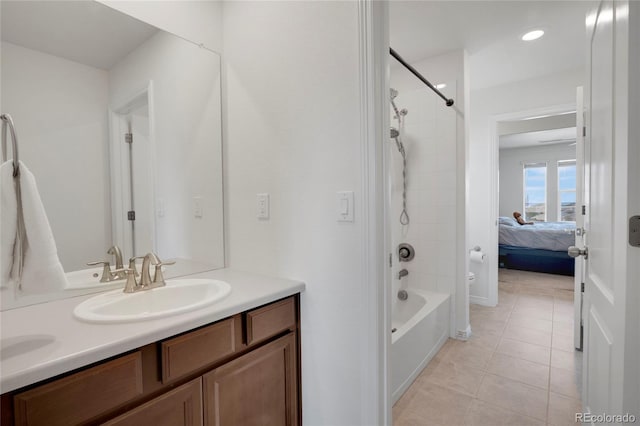 full bathroom with tile patterned floors, vanity, shower / bath combination, ensuite bath, and toilet