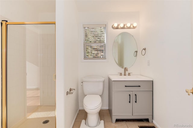 bathroom with tile patterned flooring, vanity, toilet, and walk in shower