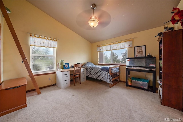 carpeted bedroom featuring ceiling fan, lofted ceiling, and multiple windows