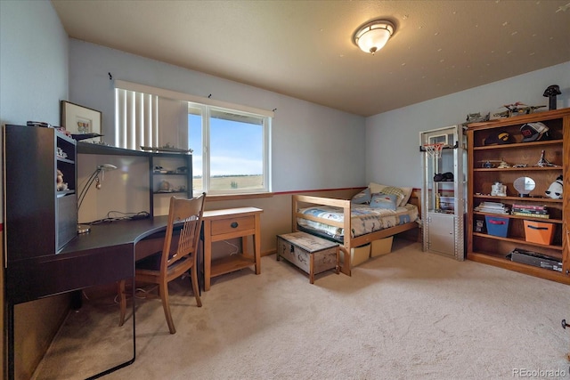 bedroom featuring light colored carpet